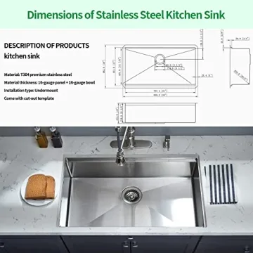 EcoChannels Undermount Kitchen Sink, 33 x 19 x 10 Inch Sink Kitchen 16 Gauge Stainless Steel Kitchen Sinks Single Bowl Workstation Sink with Cutting Board