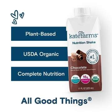 KATE FARMS Organic Nutrition Shake, Chocolate, 16g Protein, 27 Vitamins and Minerals, Protein Meal Replacement Drink, Protein Shake, 11 oz (12 Pack)