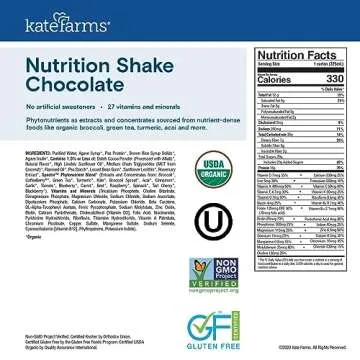 KATE FARMS Organic Nutrition Shake, Chocolate, 16g Protein, 27 Vitamins and Minerals, Protein Meal Replacement Drink, Protein Shake, 11 oz (12 Pack)