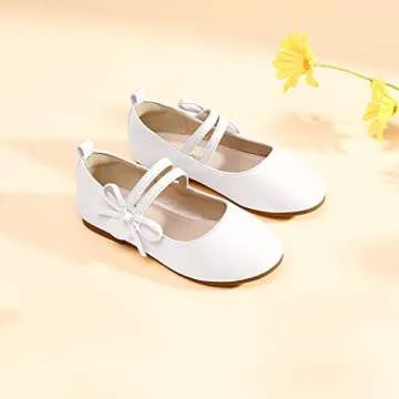 PANDANINJIA Naomi Girls Dress Shoes Mary Jane Ballet Flats Flower Girl Wedding Party Communion Shoes for Toddler Little Kid Big Kid (White Pu, 8 M US Toddler)