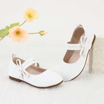 PANDANINJIA Naomi Girls Dress Shoes Mary Jane Ballet Flats Flower Girl Wedding Party Communion Shoes for Toddler Little Kid Big Kid (White Pu, 8 M US Toddler)