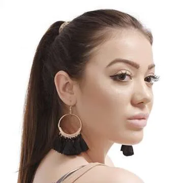 D EXCEED Stylish Gold Tassel Hoop Earrings for Women
