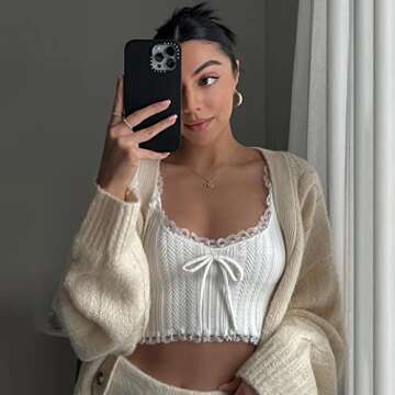 Women Lace Patchwork Crop Top Sexy V Neck Spaghetti Strap Tank Cami See Through Camisole Shirt Y2k E Girl Clothes(Chic White,S)