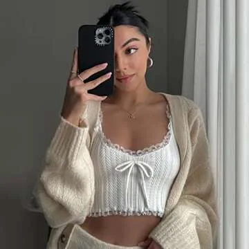 Women Lace Patchwork Crop Top Sexy V Neck Spaghetti Strap Tank Cami See Through Camisole Shirt Y2k E Girl Clothes(Chic White,S)