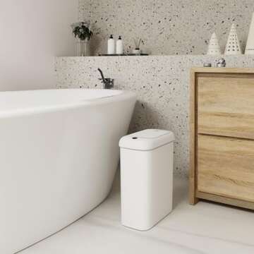 EKO Automatic Bathroom Trash Can with Lid, 2.6 Gallon Slim Touchless Garbage Can, Waterproof Motion Sensor Trash Bin for Bathroom, Office, Kitchen, White