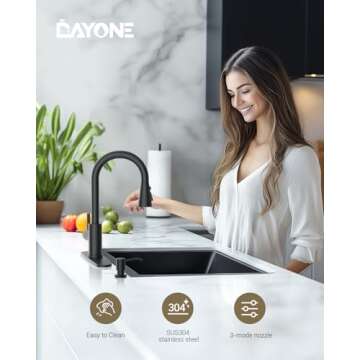 Matte Black Kitchen Faucet with Pull Down Sprayer and Soap Dispenser, DAYONE Single Handle High Arc Stainless Steel Kitchen Faucet Tap, with Escutcheon & 3 Functions, DAY-APS257MB