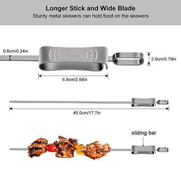 Barbecue Skewers, 17.7 Inch Long Stainless Steel Flat BBQ Kabob Skewer with Buckle, Meat Skewers with Push Bar- Kabob Skewers with Storage Bag- Heavy Duty Stainless Steel Skewer Sticks for Camping