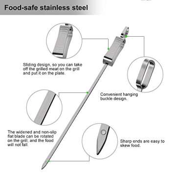 Barbecue Skewers, 17.7 Inch Long Stainless Steel Flat BBQ Kabob Skewer with Buckle, Meat Skewers with Push Bar- Kabob Skewers with Storage Bag- Heavy Duty Stainless Steel Skewer Sticks for Camping