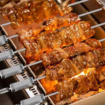 Barbecue Skewers, 17.7 Inch Long Stainless Steel Flat BBQ Kabob Skewer with Buckle, Meat Skewers with Push Bar- Kabob Skewers with Storage Bag- Heavy Duty Stainless Steel Skewer Sticks for Camping