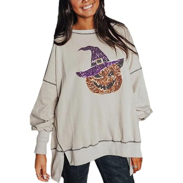 Yiulangde Women's Cute Halloween Sweatshirts Sequin Spooky Ghost Graphic Oversized Pullover Crewneck Long Sleeve Sweater Tops Beige
