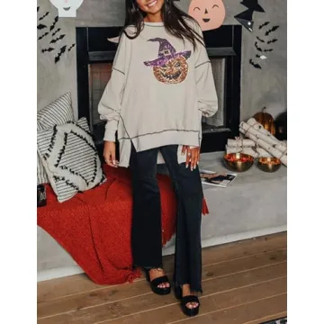 Yiulangde Women's Cute Halloween Sweatshirts Sequin Spooky Ghost Graphic Oversized Pullover Crewneck Long Sleeve Sweater Tops Beige