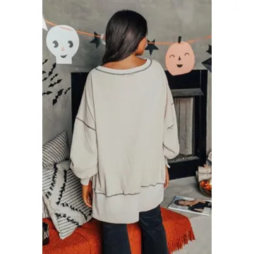Yiulangde Women's Cute Halloween Sweatshirts Sequin Spooky Ghost Graphic Oversized Pullover Crewneck Long Sleeve Sweater Tops Beige