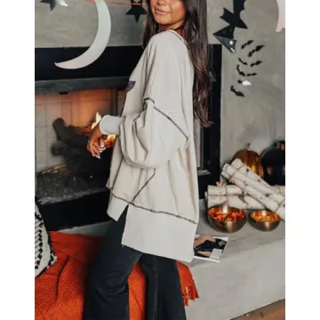 Yiulangde Women's Cute Halloween Sweatshirts Sequin Spooky Ghost Graphic Oversized Pullover Crewneck Long Sleeve Sweater Tops Beige