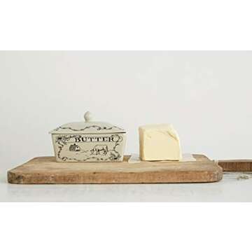 Creative Co-Op Country Stoneware Butter Dish with Lid, "Spread the Love" Message, and Farm Line Draw...