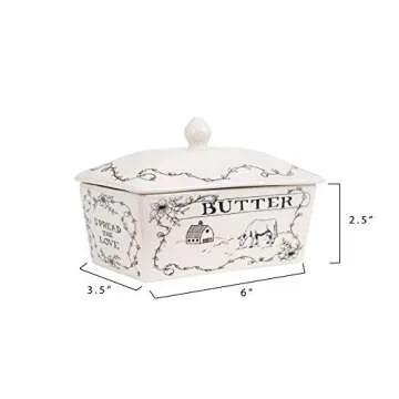Creative Co-Op Country Stoneware Butter Dish with Lid, "Spread the Love" Message, and Farm Line Drawing, White and Black, Food, Microwave, and Dishwasher Safe