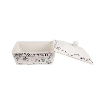 Creative Co-Op Country Stoneware Butter Dish with Lid, "Spread the Love" Message, and Farm Line Drawing, White and Black, Food, Microwave, and Dishwasher Safe