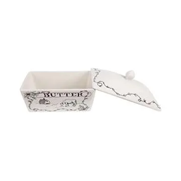 Creative Co-Op Country Stoneware Butter Dish with Lid, "Spread the Love" Message, and Farm Line Drawing, White and Black, Food, Microwave, and Dishwasher Safe