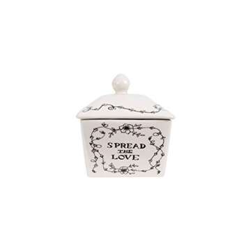 Creative Co-Op Country Stoneware Butter Dish with Lid, "Spread the Love" Message, and Farm Line Drawing, White and Black, Food, Microwave, and Dishwasher Safe