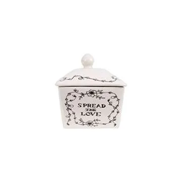 Creative Co-Op Country Stoneware Butter Dish with Lid, "Spread the Love" Message, and Farm Line Drawing, White and Black, Food, Microwave, and Dishwasher Safe
