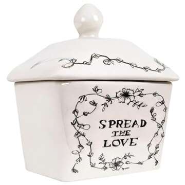 Creative Co-Op Country Stoneware Butter Dish with Lid, "Spread the Love" Message, and Farm Line Drawing, White and Black, Food, Microwave, and Dishwasher Safe