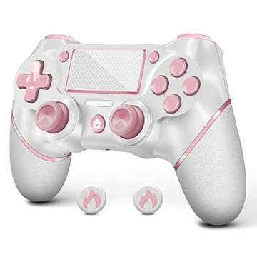 AceGamer Pink-White Wireless PS4 Controller - Non-Slip Grip & 3.5mm Jack