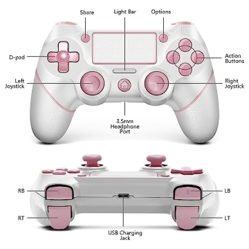 AceGamer Wireless PS4 Controller Pink-White Non-Slip Grip