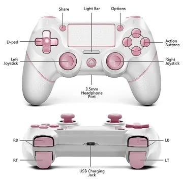 AceGamer Wireless PS4 Controller Pink-White Non-Slip Grip