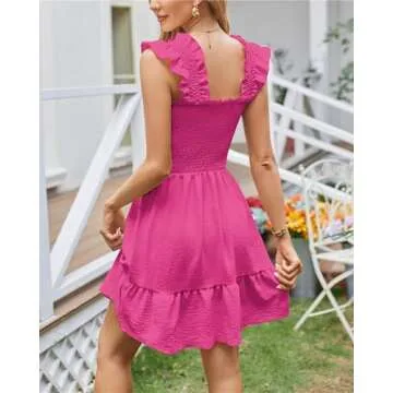 QegarTop Sundresses for Women 2024 Beach Dresses for Teen Casual Summer Smocked Short Tube Flowy Dress Hot Pink