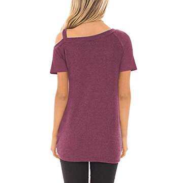 TEMOFON Women Cold Shoulder Tops: Summer Short Sleeve Shirts Casual Twist Knot Blouse T-Shirt Wine Red M