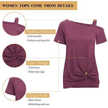 TEMOFON Women Cold Shoulder Tops: Summer Short Sleeve Shirts Casual Twist Knot Blouse T-Shirt Wine Red M