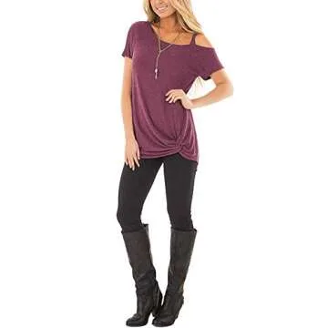 TEMOFON Women Cold Shoulder Tops: Summer Short Sleeve Shirts Casual Twist Knot Blouse T-Shirt Wine Red M
