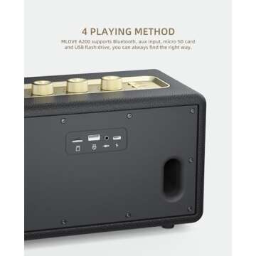 MLOVE A200 Portable Retro Bluetooth Speaker with Aux Input, USB Port, Micro SD Card Slot - Decorative Wireless Bookshelf Speakers for Home & Office, Battery Powered, Black and Gold