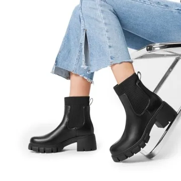 DREAM PAIRS Women's Elastic Chelsea Ankle Boots Fashion Low Chunky Heel Platform Lug Sole Short Booties Shoes,Size 8.5,Black,SDAB2312W