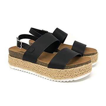 Soda Womens Casual Kazoo Espadrilles Trim Flatform Wedge Buckle Ankle,Black K,6.5