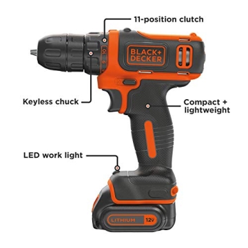 BLACK+DECKER 12V MAX Cordless Drill/Driver, Battery and Charger Included (BDCDD12C)
