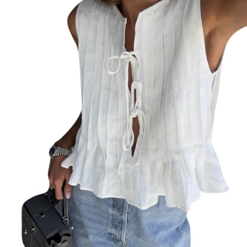 Women Line Bow Tie Front Tank Top Coquette Babydoll Peplum Blouse Y2k Ruffle Shirt Sleeveless Cute A...