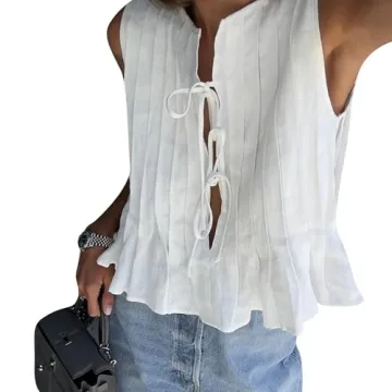 Women Line Bow Tie Front Tank Top Coquette Babydoll Peplum Blouse Y2k Ruffle Shirt Sleeveless Cute A...