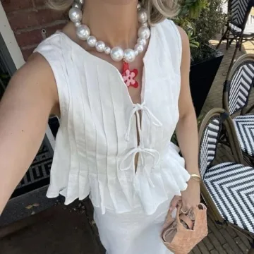 Women Line Bow Tie Front Tank Top Coquette Babydoll Peplum Blouse Y2k Ruffle Shirt Sleeveless Cute Aesthetic Clothes (Creamy White, S)