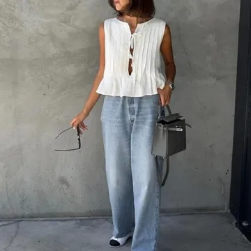 Women Line Bow Tie Front Tank Top Coquette Babydoll Peplum Blouse Y2k Ruffle Shirt Sleeveless Cute Aesthetic Clothes (Creamy White, S)