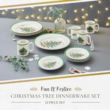 Spode Christmas Tree 12-Piece Dinnerware Set (Service for 4) - Festive Holiday Tableware Collection with Plates and Mugs - Fine Earthenware Christmas Dinnerware - Microwave & Dishwasher Safe