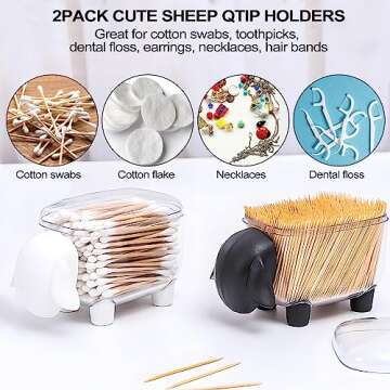 2 Pack Clear Qtip Holder Dispenser, Cute Sheep Shape Cotton Ball Holder, Bathroom Canisters for Cotton Swab, Cotton Pad, Toothpick Organizer, Floss Container with Lid for Bathroom Vanity Countertop