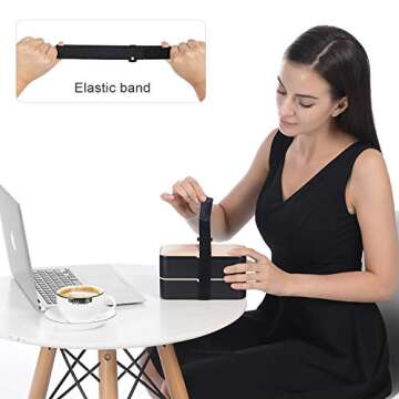 Lunch Bento Box with Upgraded Adjustable Strap, Stackable Reusable Leakproof food Container, BPA FREE, Fashion 2 Tiers Japanese Style, Suitable for Office Camp Picnics, 1200ml, Bamboo Black