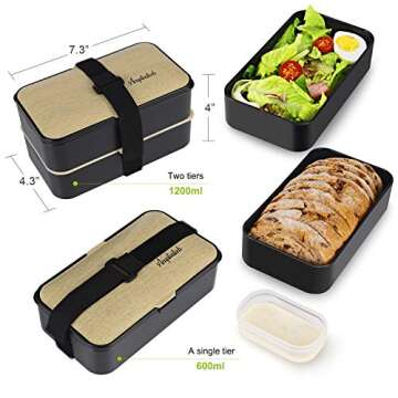 Lunch Bento Box with Upgraded Adjustable Strap, Stackable Reusable Leakproof food Container, BPA FREE, Fashion 2 Tiers Japanese Style, Suitable for Office Camp Picnics, 1200ml, Bamboo Black