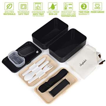 Lunch Bento Box with Upgraded Adjustable Strap, Stackable Reusable Leakproof food Container, BPA FREE, Fashion 2 Tiers Japanese Style, Suitable for Office Camp Picnics, 1200ml, Bamboo Black