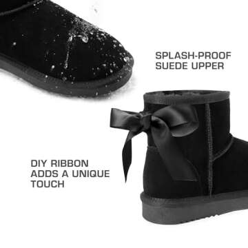 DREAM PAIRS Snow Boots for Women Genuine Suede Faux Fur Lining Water Resistant Anti-Slip Warm Winter Booties Slip On Memory Foam Comfort Ankle Boots FuzzyClassicⅡ Low Boots,Size 8,Black,SDSB2432W