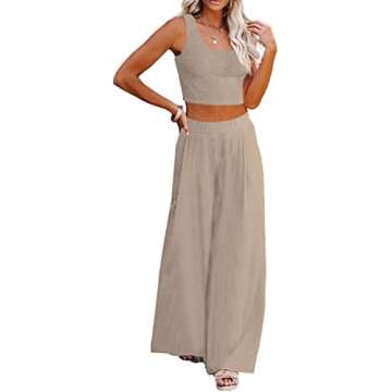 Lveberw Lounge Set Womens, Outfits Sets, Ribbed Crop Top Sleeveless, Palazzo Pants - Loose Sweatsuit Knit,2 Piece Pajamas(Khaki, Medium)