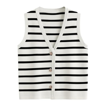 LILLUSORY Vest Tops for Women Striped Sweater Vest 2025 Summer Crochet Cropped Button Up Work Tank Top Outfits Clothes WhiteBlack S