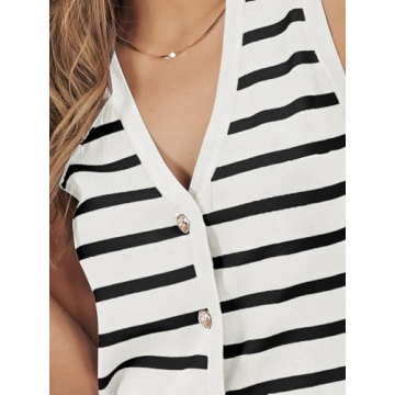 LILLUSORY Vest Tops for Women Striped Sweater Vest 2025 Summer Crochet Cropped Button Up Work Tank Top Outfits Clothes WhiteBlack S