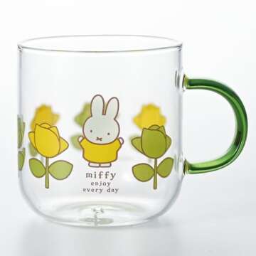 金正陶器(Kaneshotouki) Dick Bruna Miffy 400140 Heat-resistant Glass Mug 13.5 fl oz (400 ml), Microwave Safe, Color Handle, Green, Rose