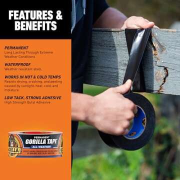 Gorilla All Weather Outdoor Waterproof Duct Tape, UV and Temperature Resistant, 1.88" x 25 yd, Black, (Pack of 1)